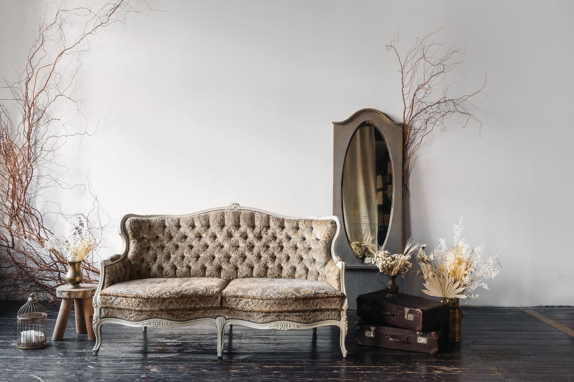 Elegant vintage couch enhancing a classic living room with natural decor